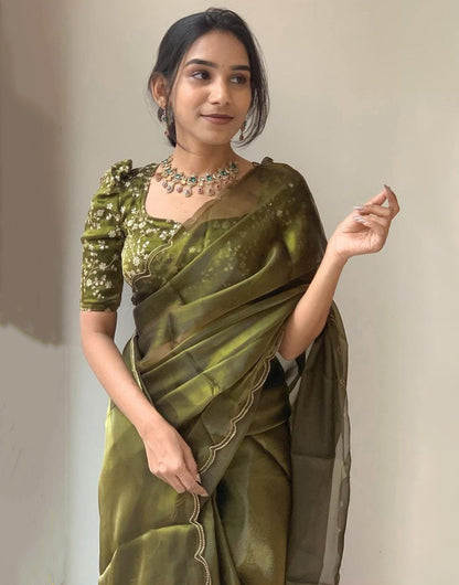 Olive Green Organza Saree With Aari Border & Sequence Work Blouse