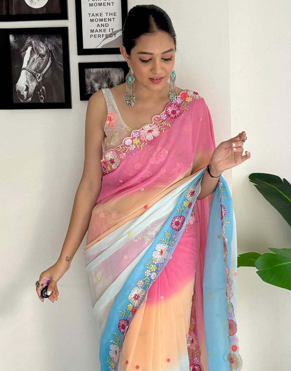 Pink & Sky Blue Georgette Saree With Sequence & Embroidery Work