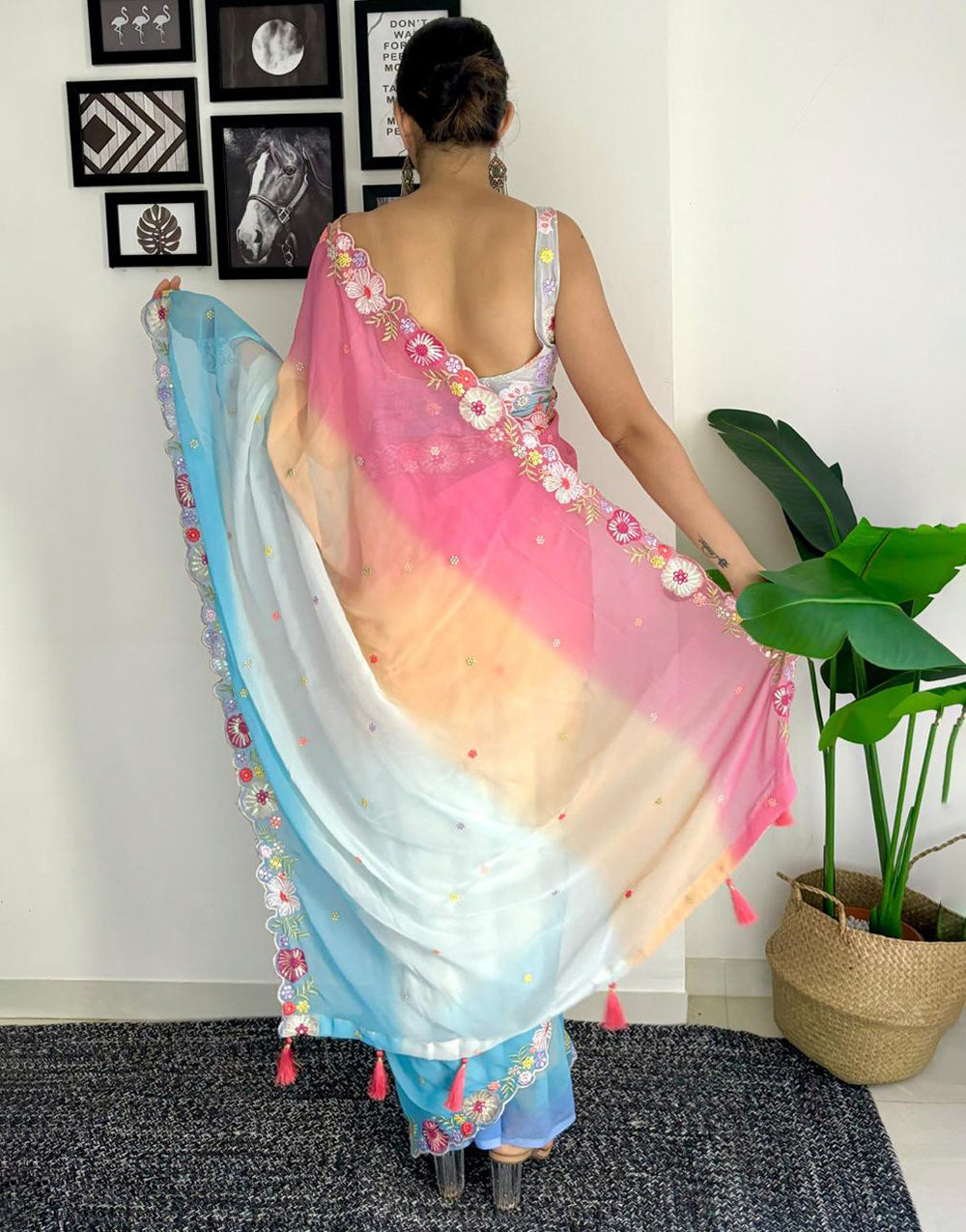 Pink & Sky Blue Georgette Saree With Sequence & Embroidery Work