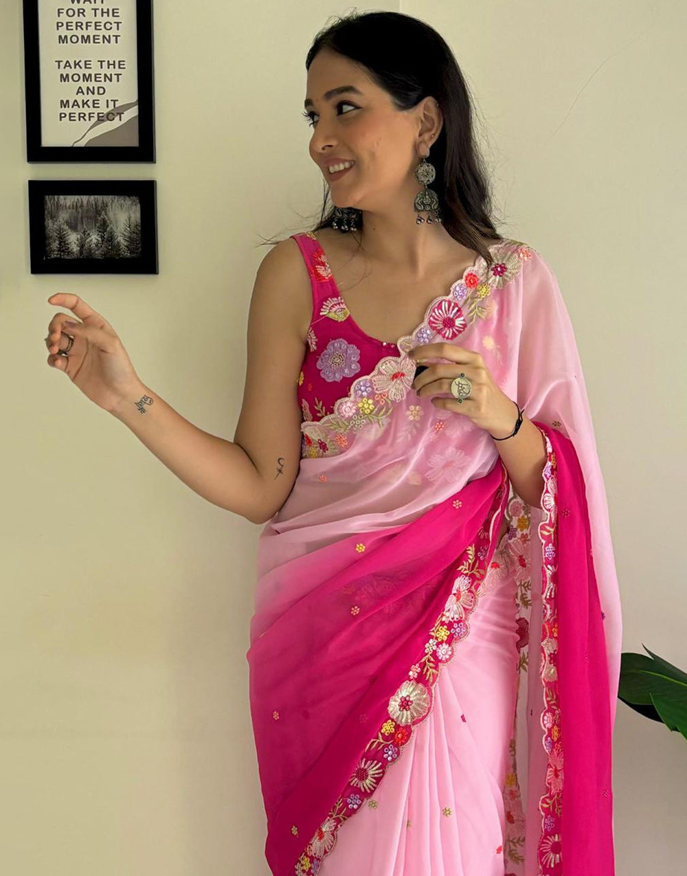 Pink Georgette Saree With Sequence & Embroidery Work