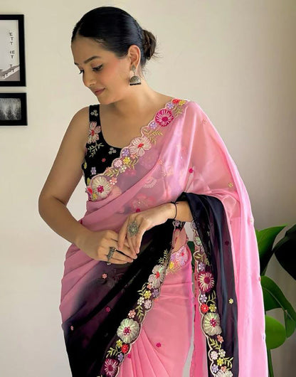 Light Pink & Black Georgette Saree With Sequence & Embroidery Work