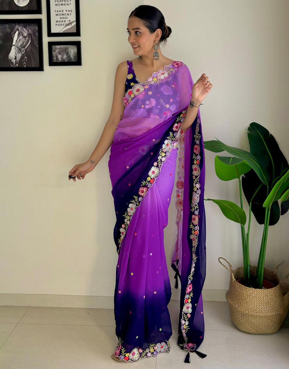 Purple & Navy Blue Georgette Saree With Sequence & Embroidery Work