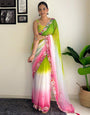 Lemon Green & White Georgette Saree With Sequence & Embroidery Work