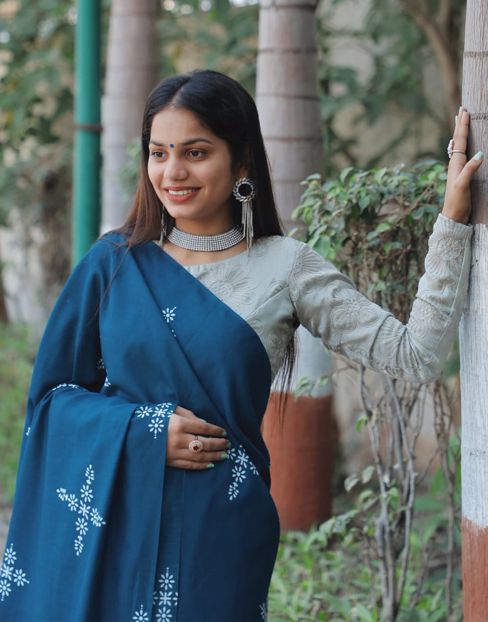 Teal Blue Satin Silk Saree With Printed Work