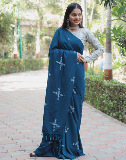 Teal Blue Satin Silk Saree With Printed Work