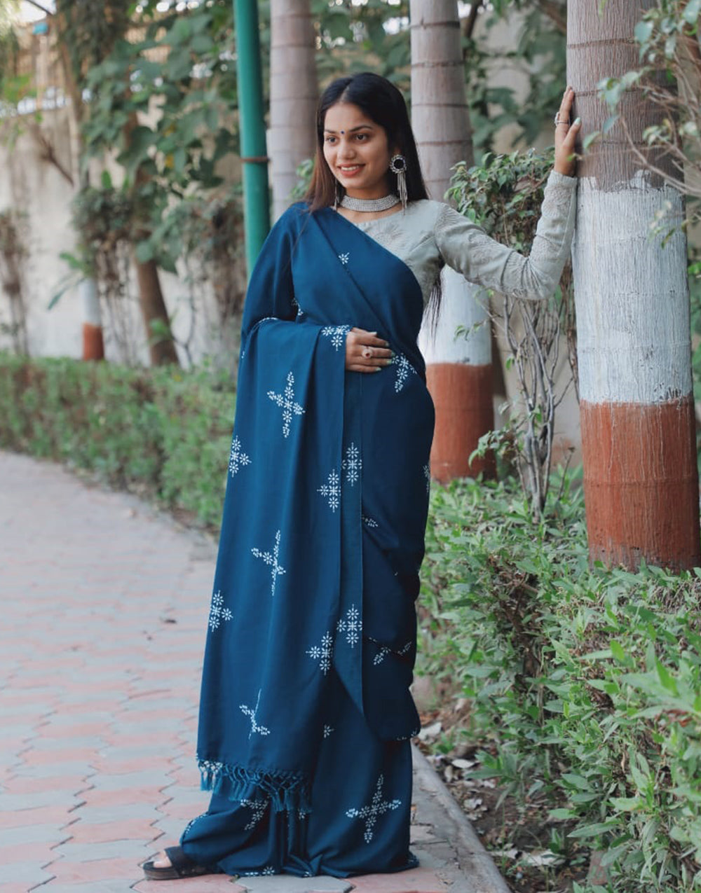 Teal Blue Satin Silk Saree With Printed Work