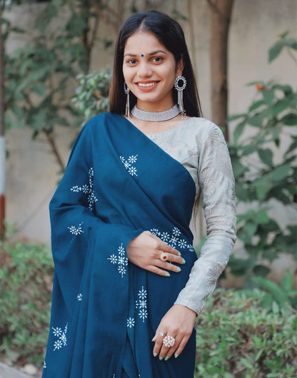 Teal Blue Satin Silk Saree With Printed Work