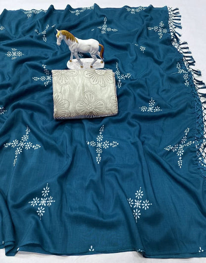 Teal Blue Satin Silk Saree With Printed Work