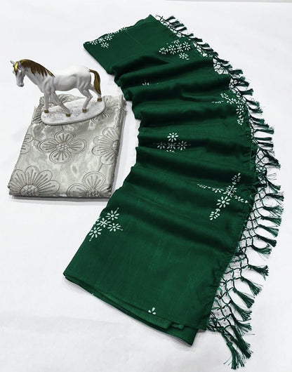 Green Satin Silk Saree With Printed Work