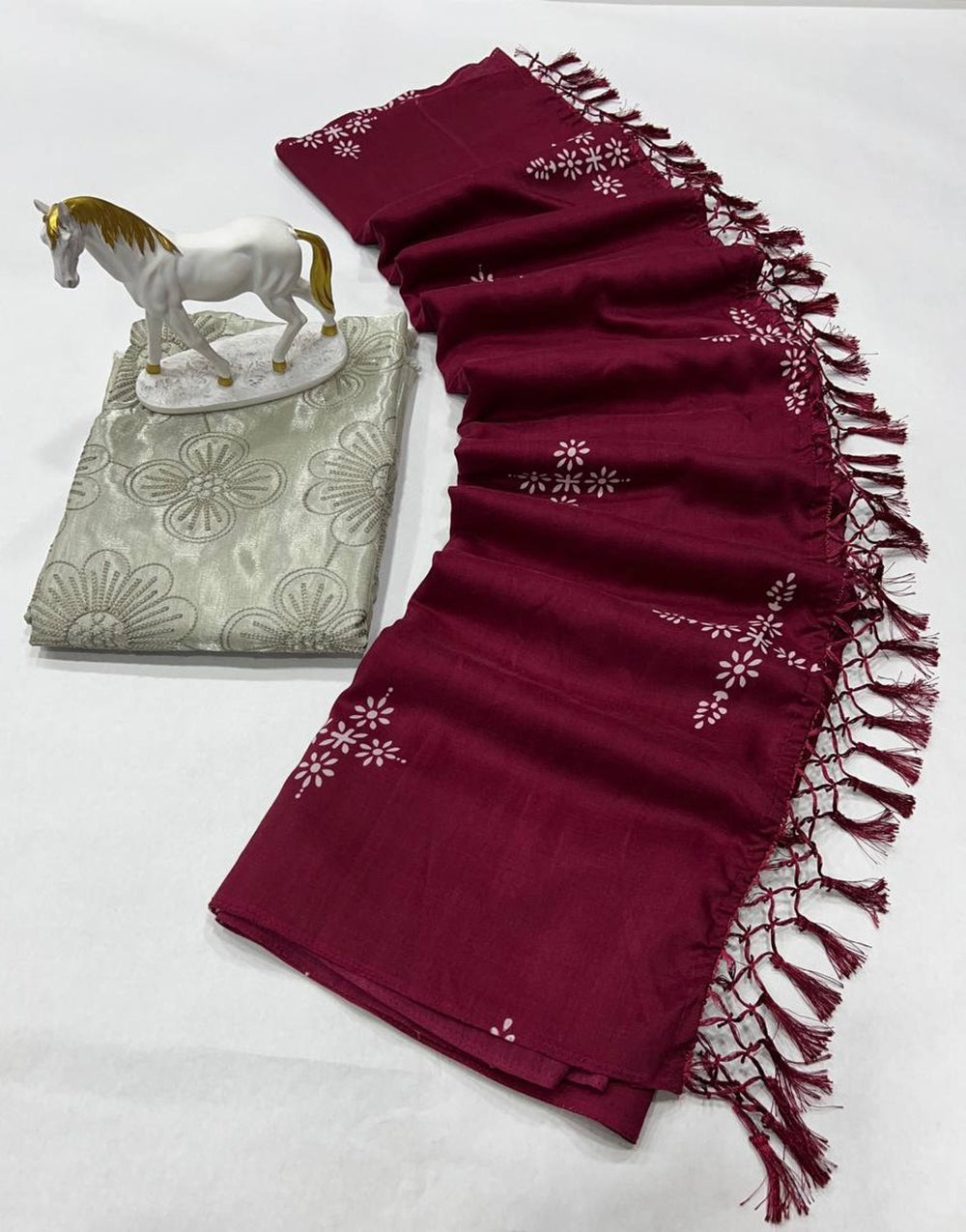 Claret Wine Satin Silk Saree With Printed Work