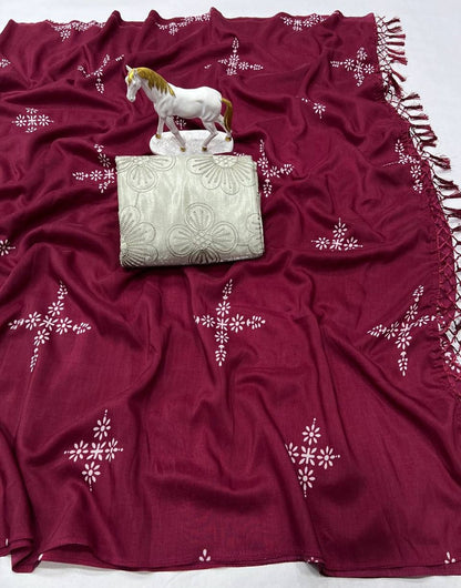 Claret Wine Satin Silk Saree With Printed Work