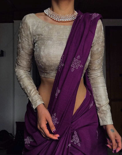 Purple Satin Silk Saree With Printed Work