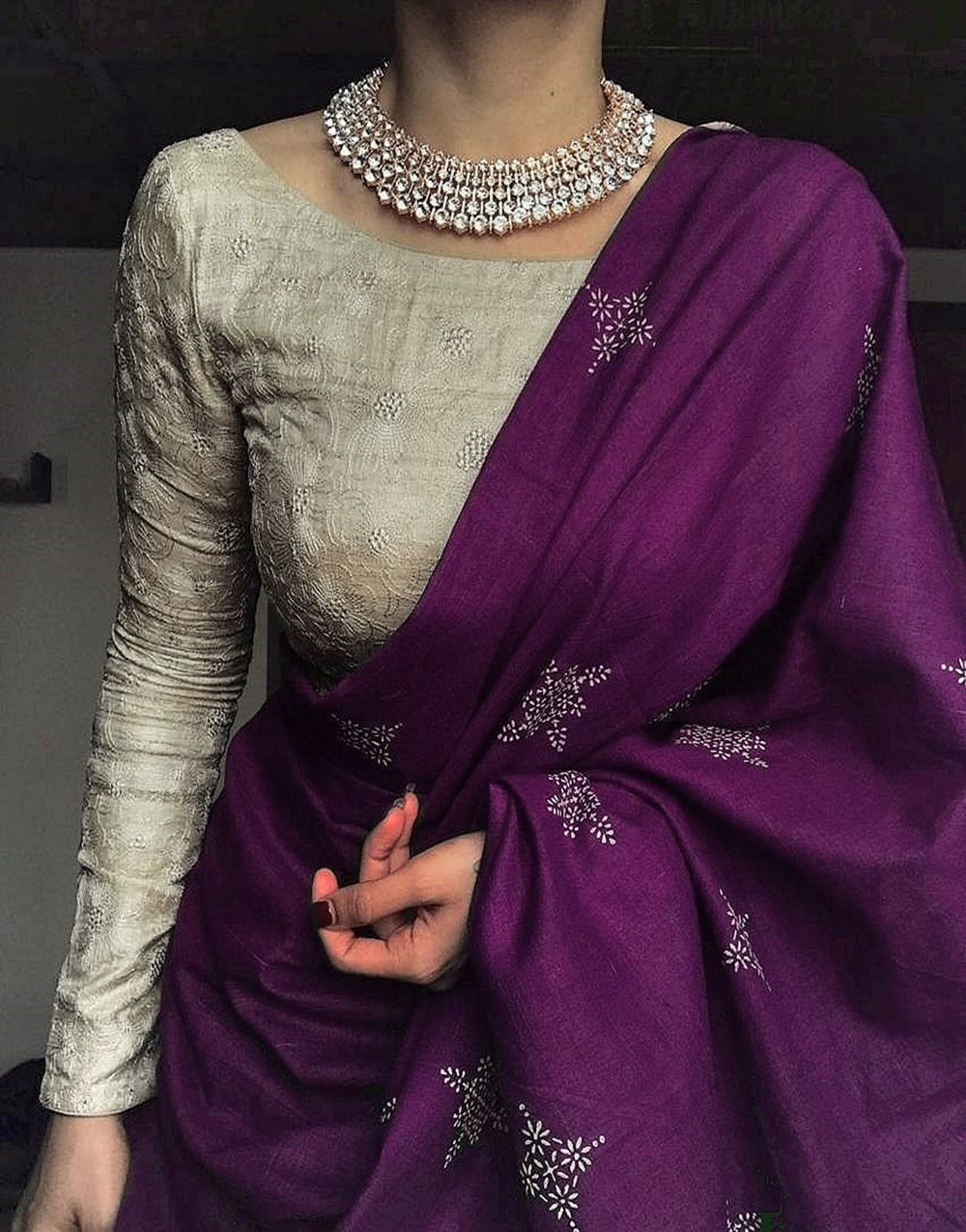 Purple Satin Silk Saree With Printed Work
