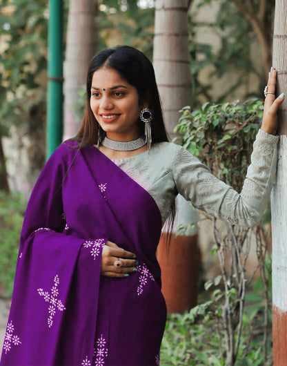 Purple Satin Silk Saree With Printed Work