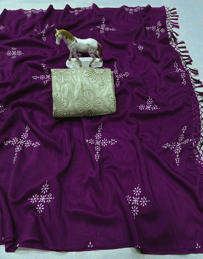 Purple Satin Silk Saree With Printed Work