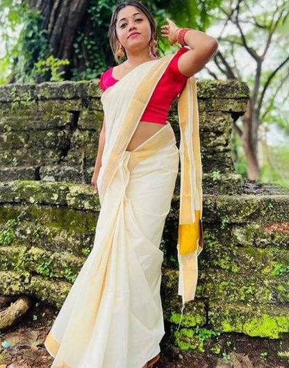 White Kasavu Silk Saree With Zari Weaving Work