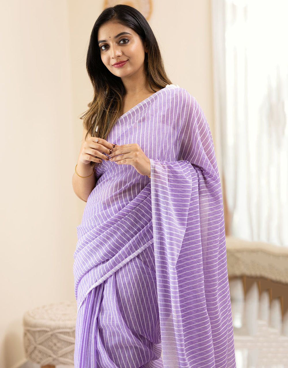 Lining Design Linen Saree In Lavender