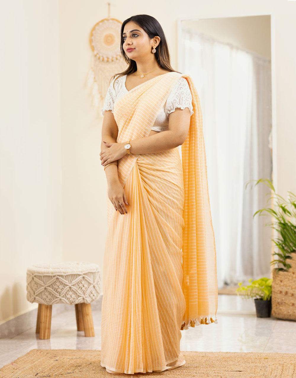 Lining Design Linen Saree In Yellow