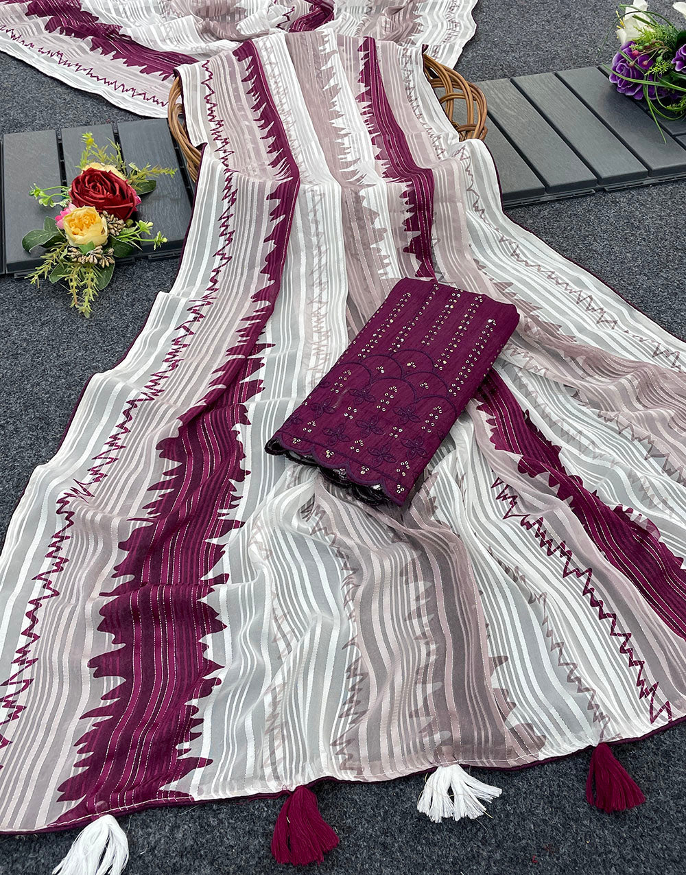 White & Mulberry Wine Linen Saree With Printed Work