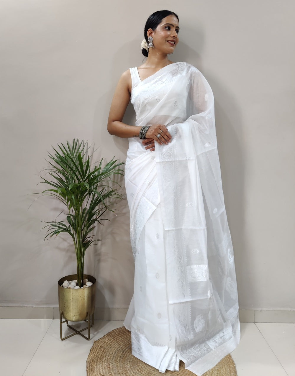 White Silk Saree With Chikankari Work