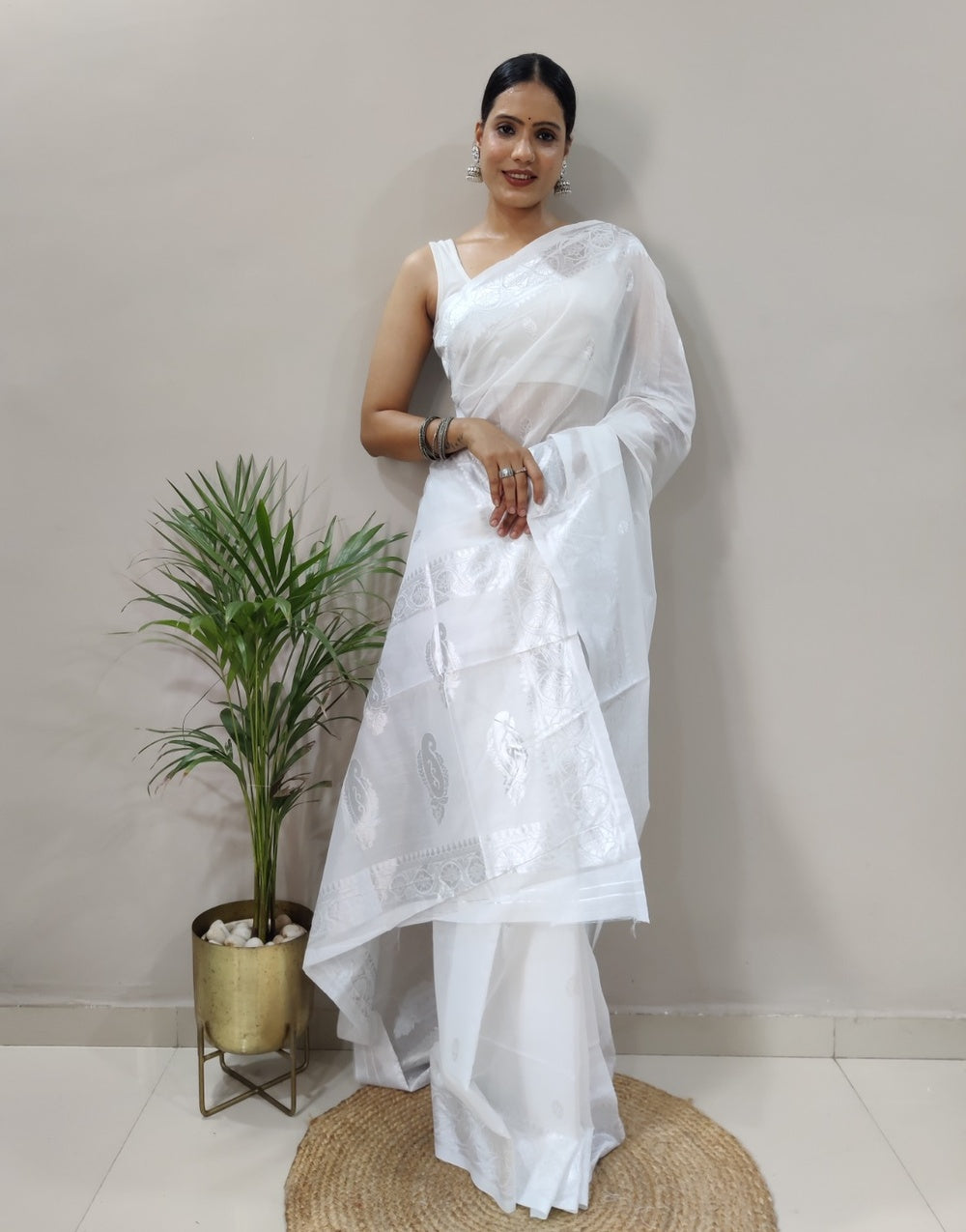 White Silk Saree With Chikankari Work