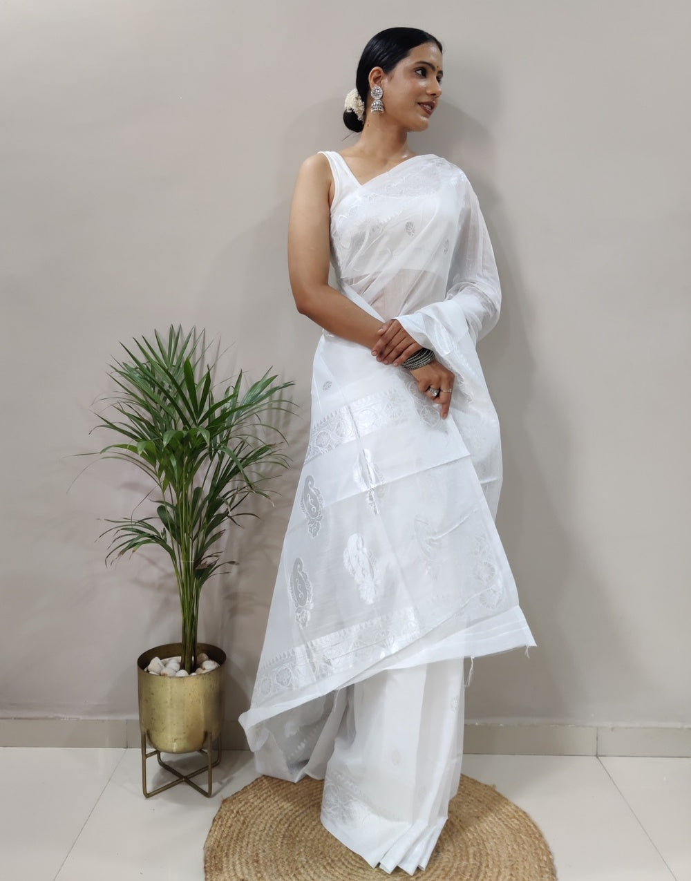 White Silk Saree With Chikankari Work