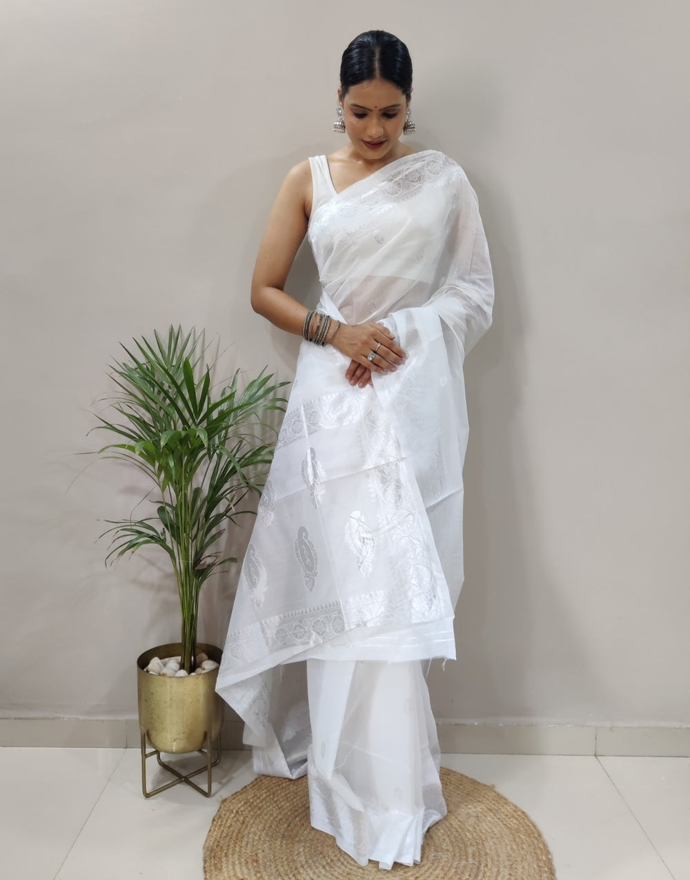 White Silk Saree With Chikankari Work