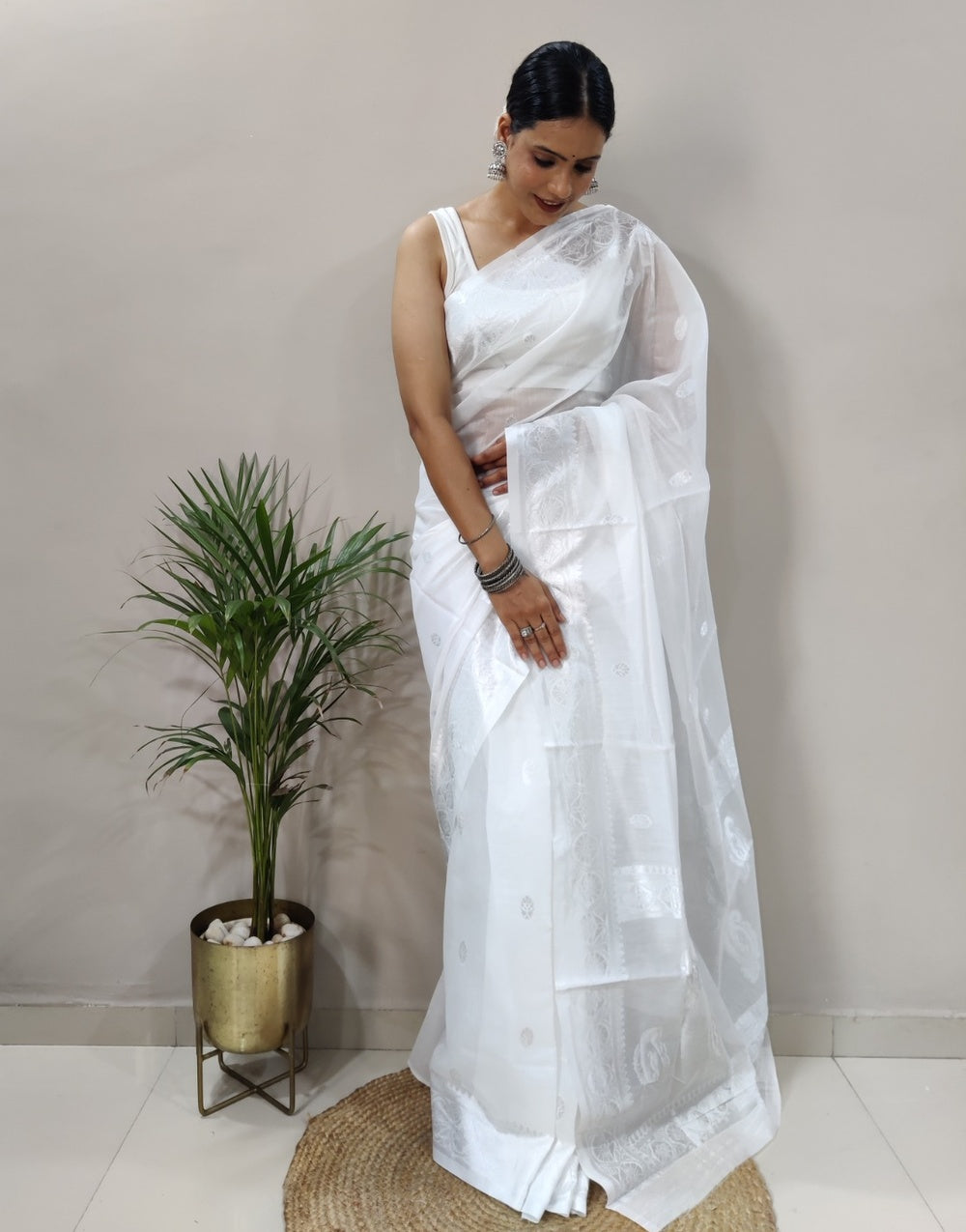 White Silk Saree With Chikankari Work