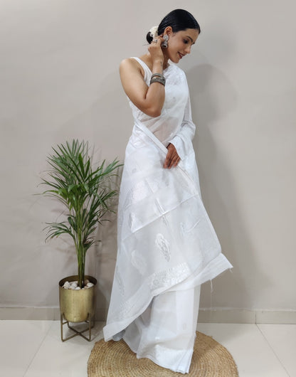 White Silk Saree With Chikankari Work