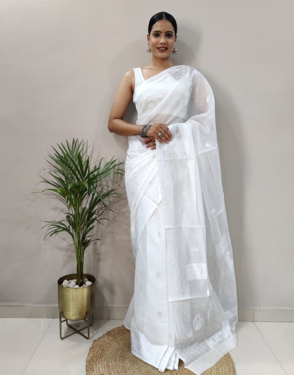 White Silk Saree With Chikankari Work