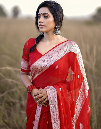 Red Soft Silk Saree With Weaving Work