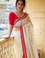 White & Red Cotton Saree With Weaving Work