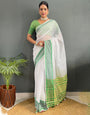 White & Green Cotton Striped Saree With Weaving Work