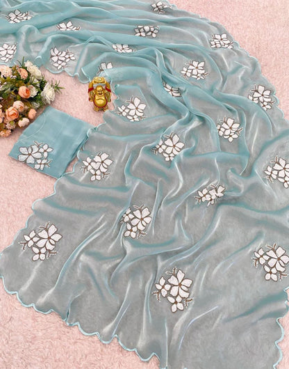 Tiffany Blue Color Organza Saree With Sequence Work