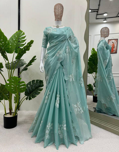 Tiffany Blue Color Organza Saree With Sequence Work