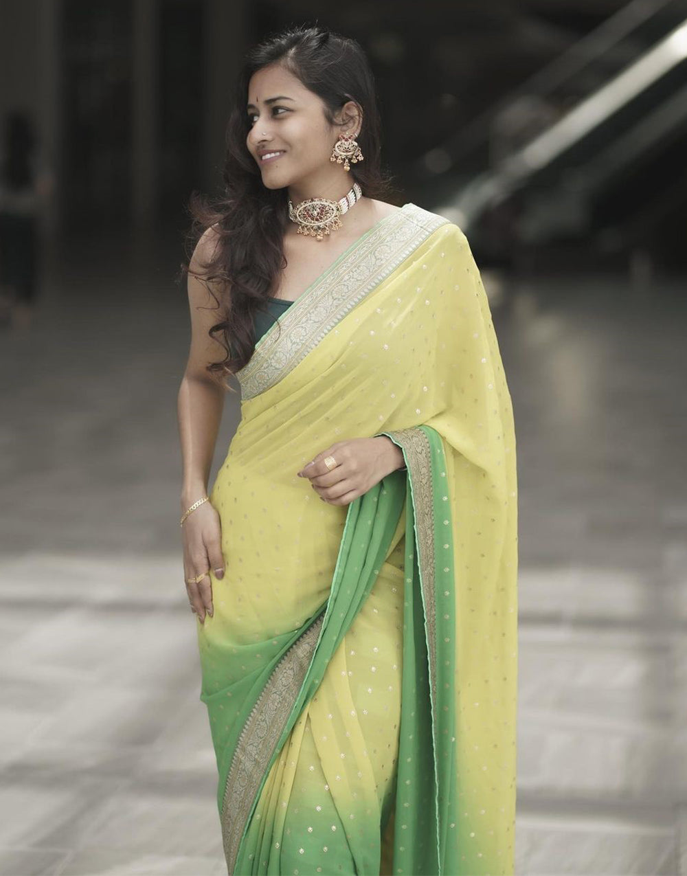 Yellow & Green Georgette Saree With Weaving Work