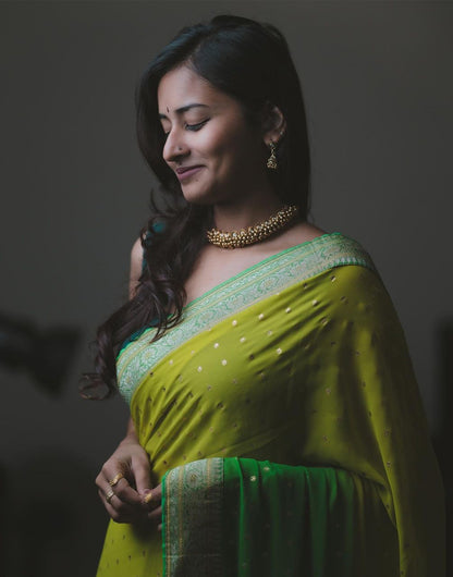 Yellow & Green Georgette Saree With Weaving Work