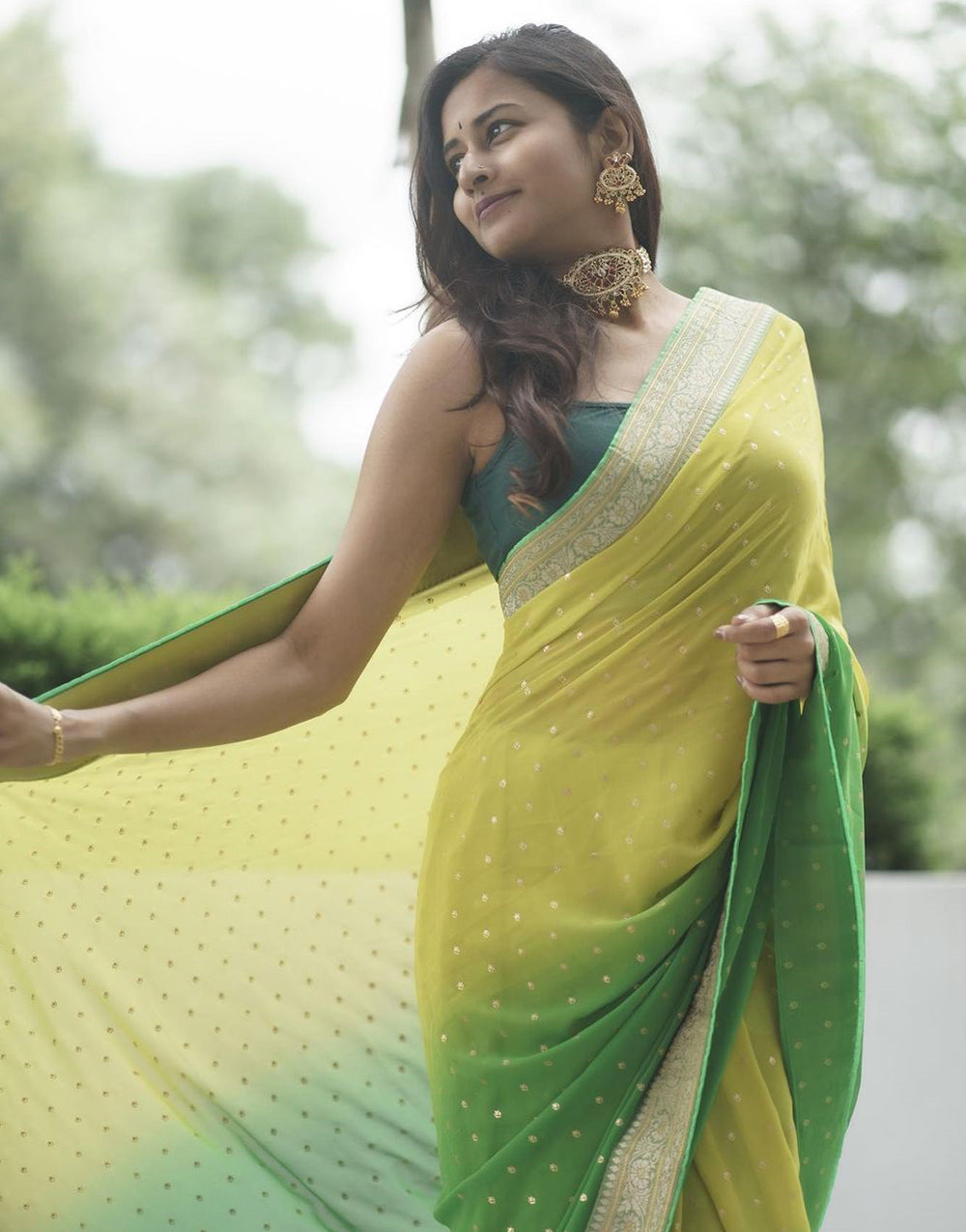 Yellow & Green Georgette Saree With Weaving Work