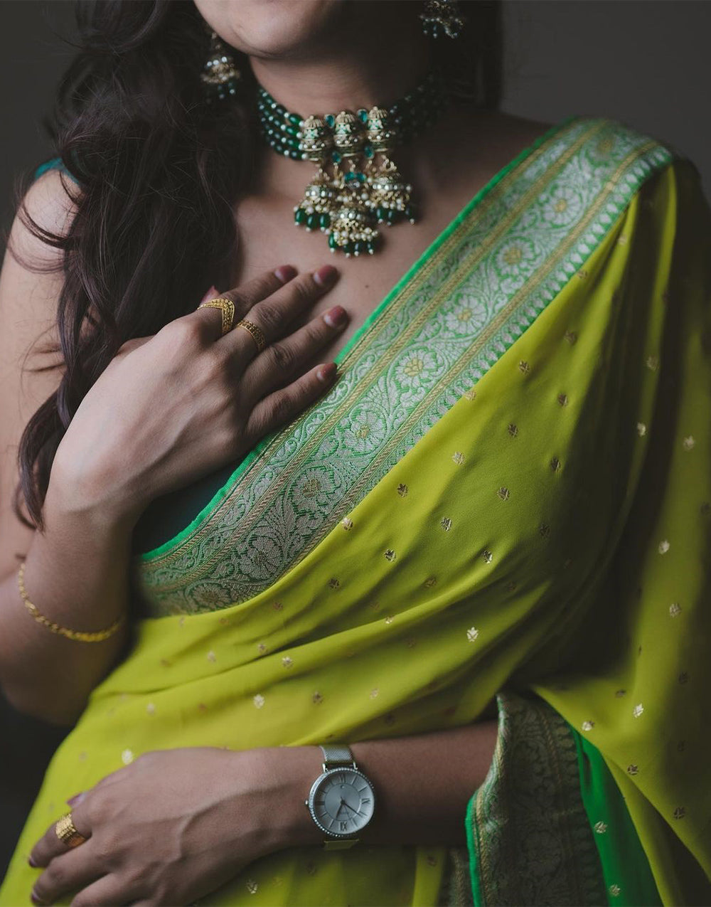 Yellow & Green Georgette Saree With Weaving Work