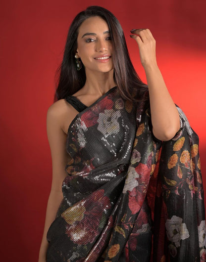 Black Georgette Saree With Digital Printed & Sequence Work