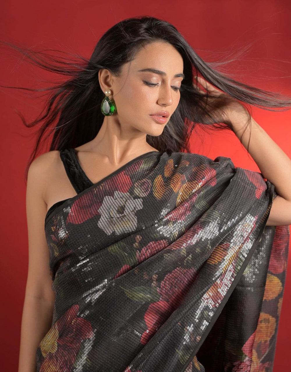 Black Georgette Saree With Digital Printed & Sequence Work