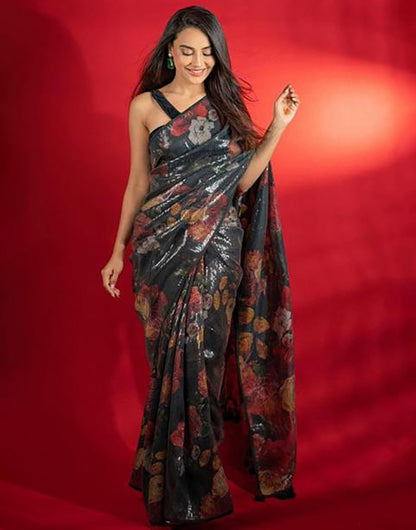 Black Georgette Saree With Digital Printed & Sequence Work