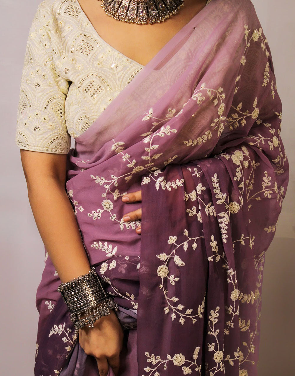 Claret Wine Georgette With Sequence & Embroidery Saree & Stitched Blouse