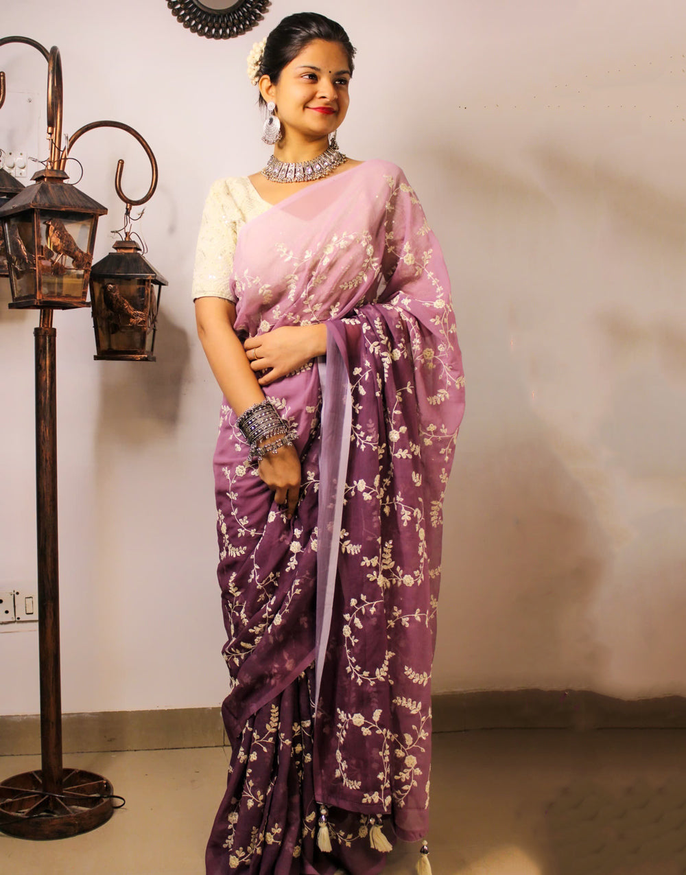 Claret Wine Georgette With Sequence & Embroidery Saree & Stitched Blouse