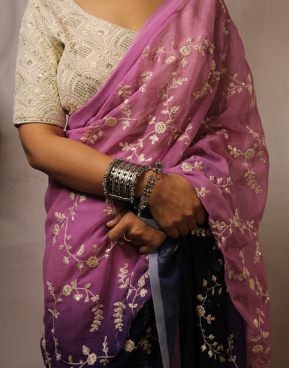 Eggplant Purple & Pink Georgette With Sequence & Embroidery Saree & Stitched Blouse