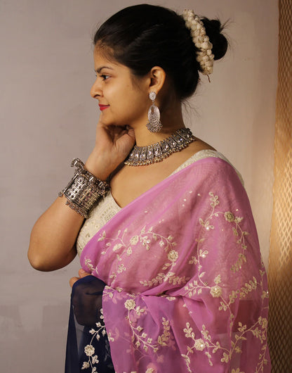 Eggplant Purple & Pink Georgette With Sequence & Embroidery Saree & Stitched Blouse