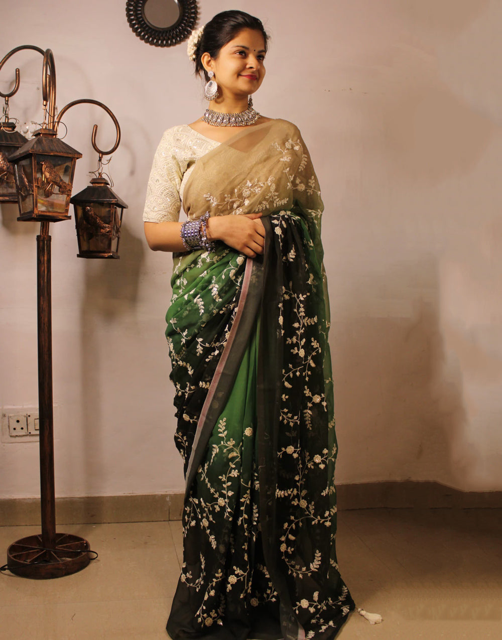 Green Georgette With Sequence & Embroidery Saree & Stitched Blouse