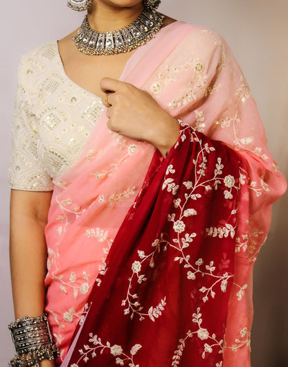 Maroon & Baby Pink Georgette With Sequence & Embroidery Saree & Stitched Blouse