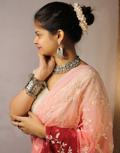 Maroon & Baby Pink Georgette With Sequence & Embroidery Saree & Stitched Blouse