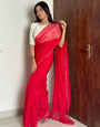 Dark Red Soft Organza Saree With Hand Work On Blouse